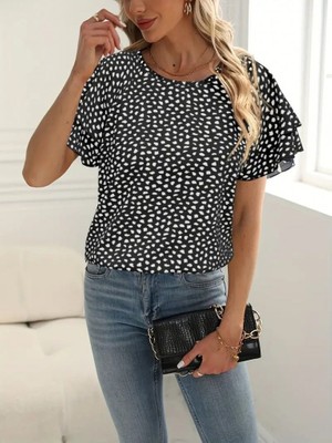 Efnaz Style Kadın Kısa Kollu Kolları Volanlı Baskılı Süprem Bluz