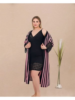 Colezium Arias Closet Büyük Beden Çizgi Desenli Dantel Işlemeli 2'li Viskon Siyah Gecelik Sabahlık Takımı