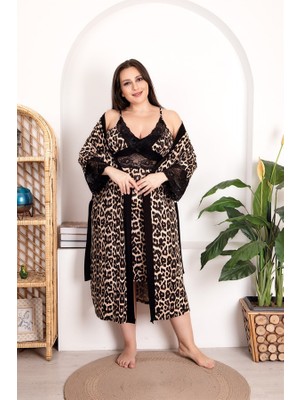 Colezium Arias Closet Büyük Beden Leopar Desenli Dantel Işlemeli 2'li Gecelik Sabahlık Takımı