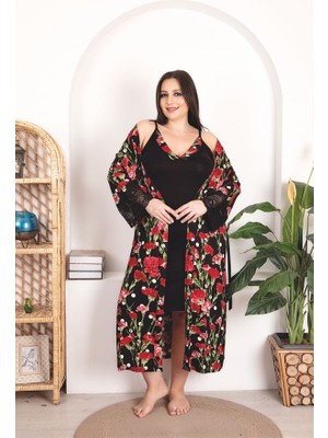Colezium Arias Closet Büyük Beden Kırmızı Çiçek Desenli Dantel Işlemeli 2'li Viskon Siyah Gecelik Sabahlık T