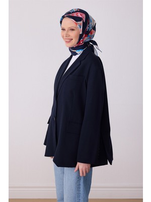 Belli Lacivert Obje Desen %100 Twill Ipek Eşarp 4316 - 02
