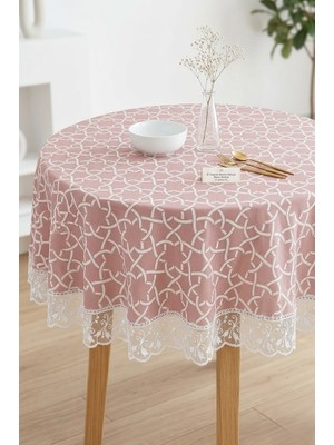 Rona Home Yuvarlak Masa Örtüsü Pudra Pembe Güpürlü Silinebilir Leke Tutmaz Mutfak Salon Sofra Örtüsü