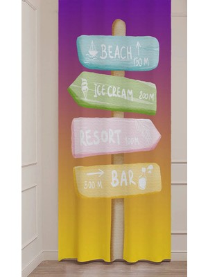 Greendecor Yaz Plaj Flamingo Palmiye Limon Karpuz Güneş Meyve Hello Summer Desenli Renkli Dijital Baskılı Fon Perde
