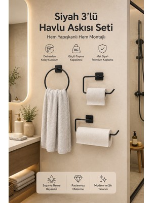 Jasmin Yapışkanlı Siyah Kare 3'lü Banyo Seti | Tuvalet Kağıtlığı, Solo Havluluk, Yuvarlak Havluluk