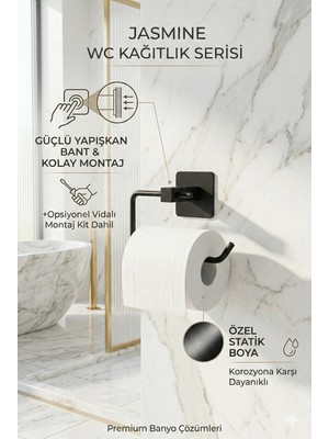 Alper Banyo Jasmin Kare Yapışkanlı Siyah Açık Tuvalet Kağıtlığı, Wc Kağıtlık, Tuvalet Kağıdı Askısı | Yapışkanlı ve Vidalı Montajlı