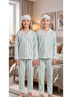 Enie Kız ve Erkek Çocuk Mint Yeşili Pembe Pamuklu Çizgili Uzun Kollu Pijama Takımı + Göz Bandı