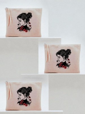 Çiçekli Kadın Baskılı 3'lü Makyaj Çantası 20X25 cm Bej, LH90827423523"123123