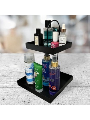 2 Katlı Dekoratif Metal Banyo ve Mutfak Organizer Düzenleyici Standı, Mumluk, Lokumkuk, Çerezlik, Orta Sehpa ve Dekoratif Ev Aksesuarı Siyah