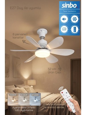 Sinbo SF-7708 3 LED Aydınlatmalı Sessiz Tavan Vantilatörü Kumandalı 6 Kanatlı