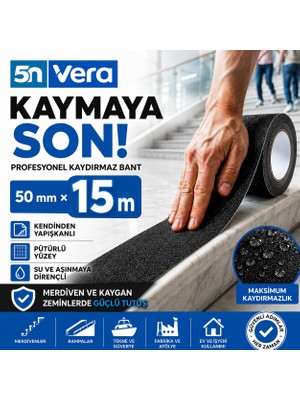 5n Vera Kaydırmaz Bant 50 mm x 15 Metre | Siyah Kendinden Yapışkanlı Merdiven Kayma Önleyici Güvenlik Bandı