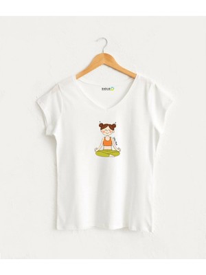 Kidilia Yoga Lotus Poz Çizgi Figür Görselli Kadın V Yaka %100 Pamuklu Tasarım T-Shirt