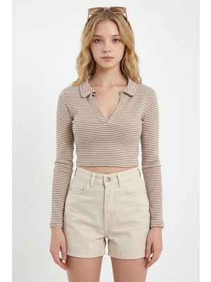 Bacc Bisküvi Polo Yaka Fitilli Yumuşak Dokulu Çizgili Crop Bluz