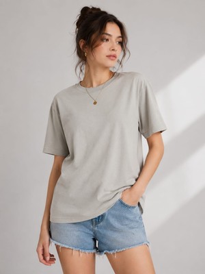 Snow Basic Günlük Rahat Düz Renk Tencel Kumaş Kadın T-Shirt