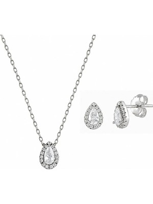 Afrodit Silver 925 Ayar Damla Kesim Zirkon Taşlı Kolye Küpe Gümüş Takı Seti