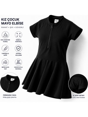 Pistyle Kız Çocuk Etekli Önden Fermuarlı Siyah Renkli Garson Çocuk Mayo
