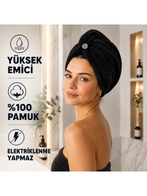 Taya Home %100 Pamuk Saç Kurutma Havlusu Düğmeli Hızlı Emici Duş Saç Bonesi
