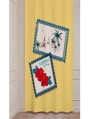 Greendecor Yaz Plaj Flamingo Palmiye Limon Karpuz Güneş Meyve Hello Summer Desenli Renkli Dijital Baskılı Fon Perde
