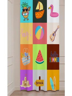 Greendecor Yaz Plaj Flamingo Palmiye Limon Karpuz Güneş Meyve Hello Summer Desenli Renkli Dijital Baskılı Fon Perde
