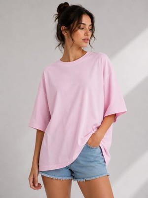 Snow Basic Günlük Rahat Oversize Tensel Kumaş Düz Renk T-Shirt