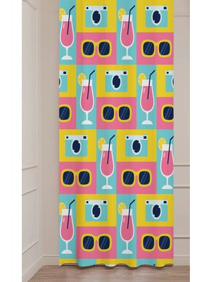 Greendecor Yaz Plaj Flamingo Palmiye Limon Karpuz Güneş Meyve Hello Summer Desenli Renkli Dijital Baskılı Fon Perde