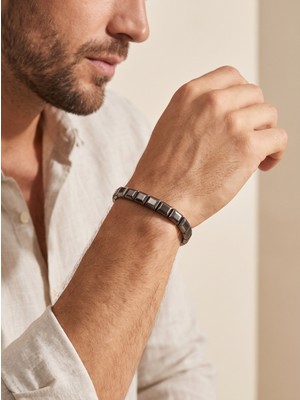 Parmas Design Erkek Bileklik Kare Hematit Doğaltaşlı Çelik Halat ve Klips 01887