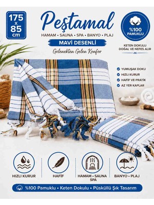 Öztürk Konsept %100 Pamuklu Mavi Desenli Peştamal 175X85 cm – Keten Dokulu Hamam Sauna Spa Banyo Plaj Havlusu – Hafif Hızlı Kuruyan Püsküllü Peştemal