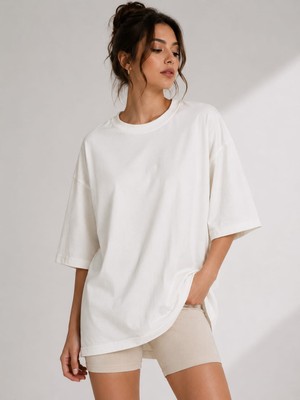 Snow Basic Günlük Rahat Oversize Tensel Kumaş Düz Renk T-Shirt