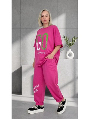 Byemelika Üzeri Taş Baskı Detaylı, Oversive, Bel Lastik Detaylı Bluz & Pantolon Takım (Pembe)