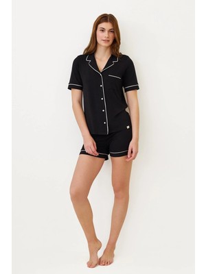 Kadın Luxury Düğmeli Şortlu Pijama Takımı Siyah