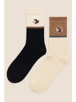 Katia & Bony Unisex 2'li Köpek Nakışlı Soket Çorap Ekru Mix