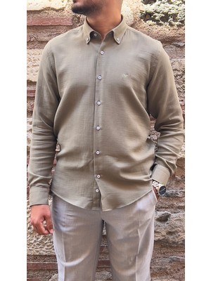 Fitmens Slim Fit Uzun Kol Müslin Pamuk Rahat Nefes Alabilen Kumaştan Yaka Düğmeli Hediye Kutulu Erkek Gömlek FS-004202 - Haki