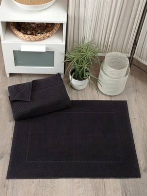 Sevim 2'li Diyagonal Çizgili Ayak Havlusu Seti - %100 Pamuk Havlu Takımı - 50X70 cm - Siyah