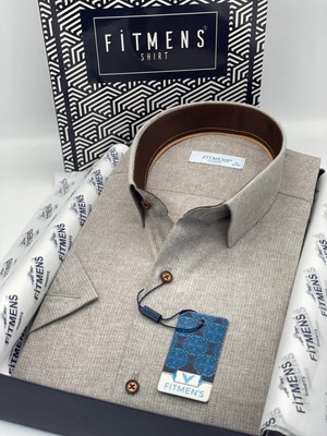 Fitmens Klasik Kısa Kol Keten Cotton Hediye Kutulu Erkek Gömlek FS-003624 - Bej