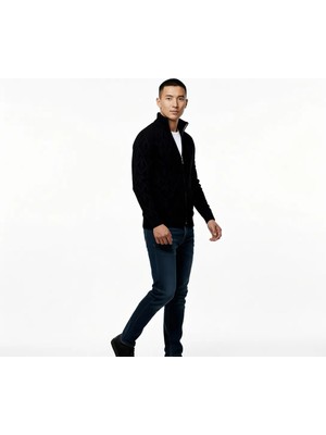 Tudors Erkek Slim Fit Desenli Dik Yaka Fermuarlı Siyah Hırka