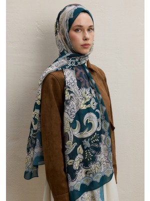 Fresh Scarfs Poppies Desen İpek Krep Şal Koyu Yeşil
