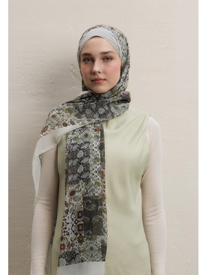 Fresh Scarfs Ethnic Figure Desen İpek Krep Şal Haki