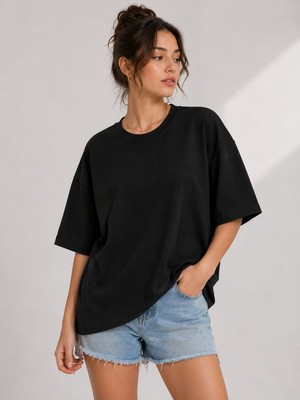Snow Basic Günlük Rahat Oversize Tensel Kumaş Düz Renk T-Shirt