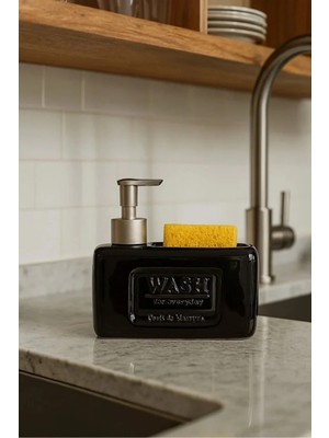 Klarhaus Seramik Sıvı Sabunluk ve Süngerlik – Şık Mutfak ve Banyo Tezgah Üstü Düzenleyici – 500 ml - Gri, Siyah