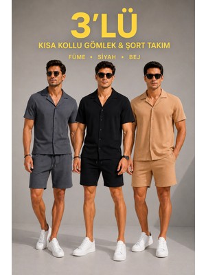 Hace Bazaar Erkek 3’lü Krep Kumaş Cepli Gömlek Şort Takım Kısa Kollu Bağcıklı - Füme, Siyah , Bej -H