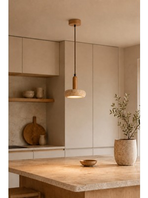 Empressco Modern Traverten LED Sarkıt Lamba 24V, Ahşap ve Doğal Taş Detayları