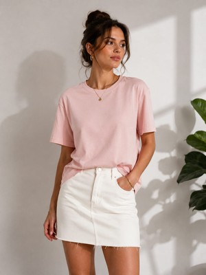 Snow Basic Günlük Rahat Düz Renk Tencel Kumaş Kadın T-Shirt