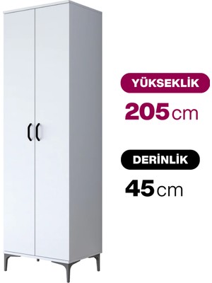 Rani JE258 Çok Amaçlı Dolap 2 Kapaklı 6 Raflı Kiler Mutfak Dolabı Beyaz