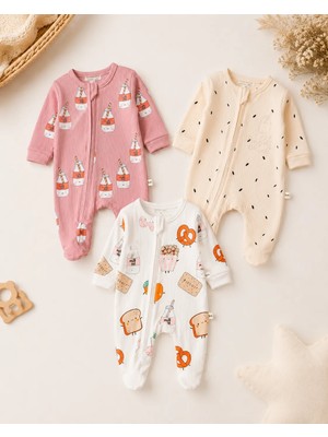 UmBaby Pamuklu Bebek Tulum Fermuarlı Milk Desenli Yenidoğan Uyku ve Günlük Tulum