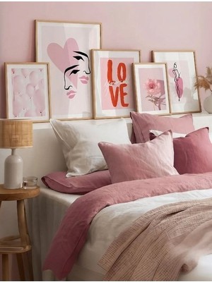 Wooden Factory Evinize Özel Gerçek Ahşap Çerçeveli, Pembe Galeri 5 Parça Duvar Dekorasyon Tablo Seti