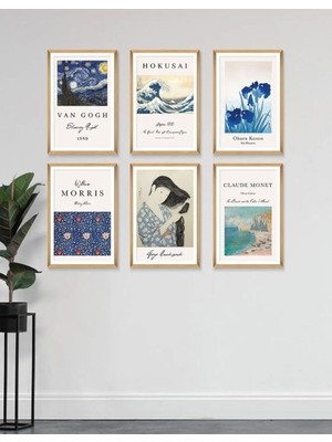 Wooden Factory 6 Parça Ahşap Çerçeve Görünümlü Dekoratif Hediyelik Mdf Tablo, Van Gogh, Hokusai, Morris Gibi..