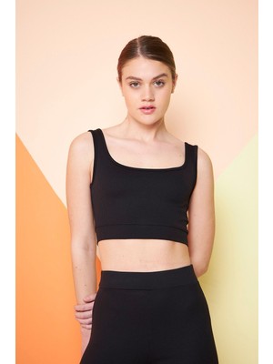 Siyah Fitilli Kare Yaka Esnek Örme Crop Büstiyer Atlet