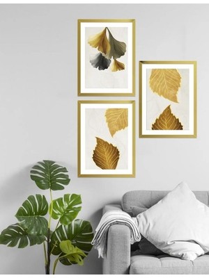 Wooden Factory Gold Rengi Aynalı Pleksi Çerçeveli Yapraklar Mdf Üzeri Uv Baskı Tablo