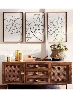 Wooden Factory Ahşap Çerçeveli Çiçek Desenli 3lü Dekoratif Tablo Seti