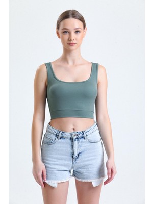 Yeşil Fitilli Kare Yaka Esnek Örme Crop Büstiyer Atlet