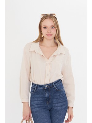 Thiff Gymwear Kadın Bej Oversize Basic Cepli Müslin Gömlek